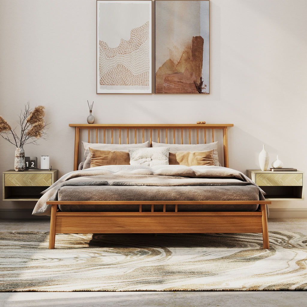 HOMCOM Set of 2 Modern Floating Bedside Tables with Drawer and Open Compartment, 37x32x21 cm, Natural Wood