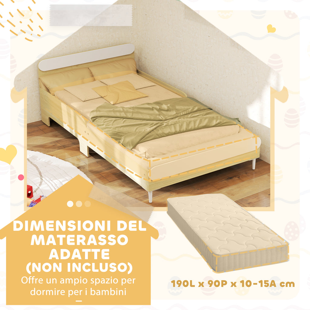 Children's Bed 3-10 Years Low with High Side Rails, Wooden, 194.8x103x60.5 cm, White and Wood Color