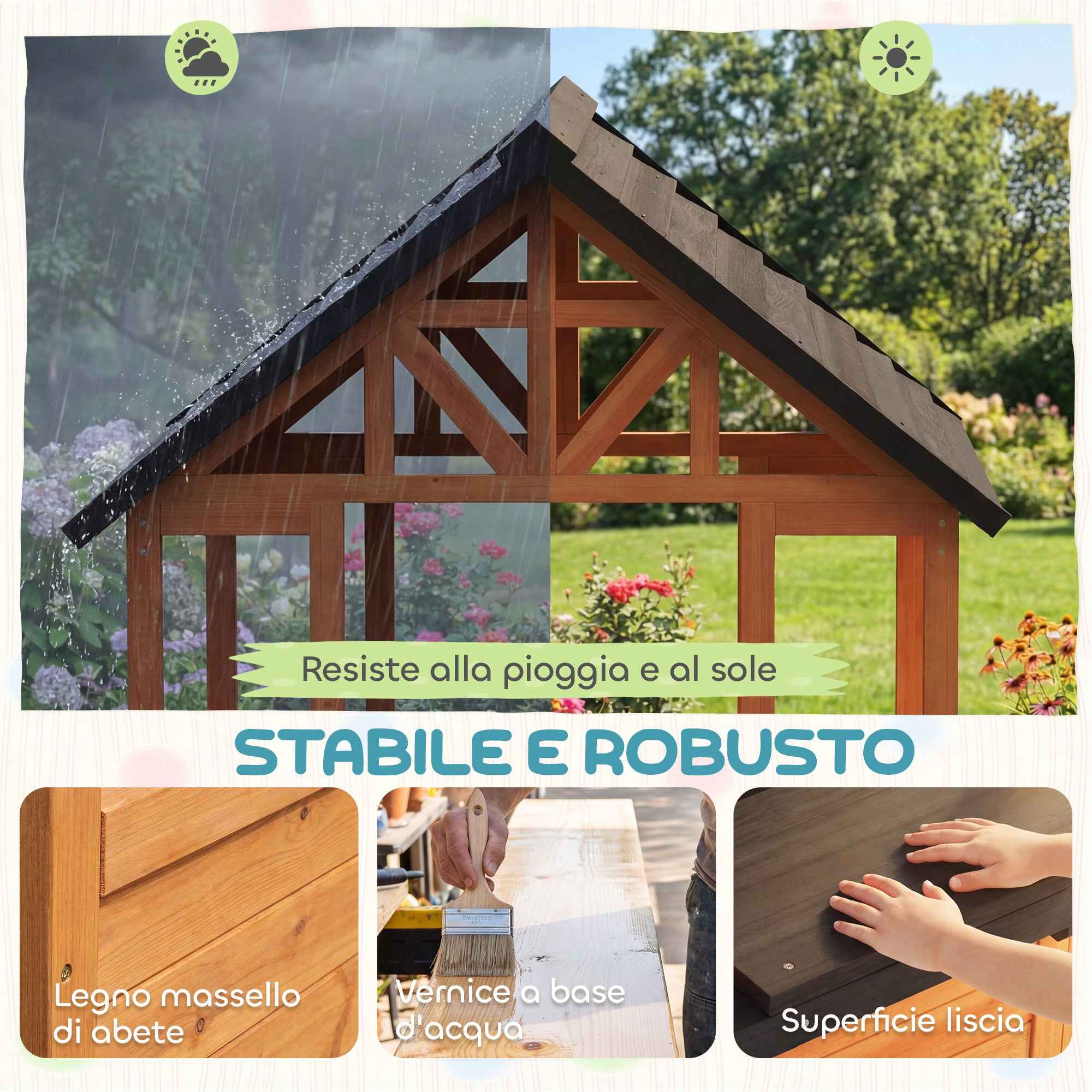 Wooden Playhouse, Indoor/Outdoor Playhouse for Children Ages 3-8 with Table and Benches, Brown