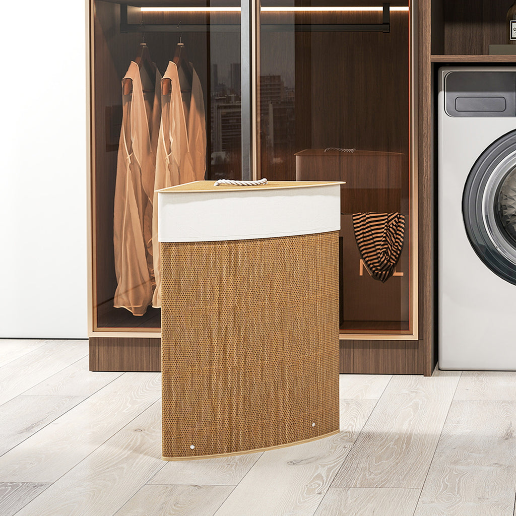 55L Corner Bamboo Laundry Hamper with Removable Bag and Removable Lid, 35x35x60 cm, Brown