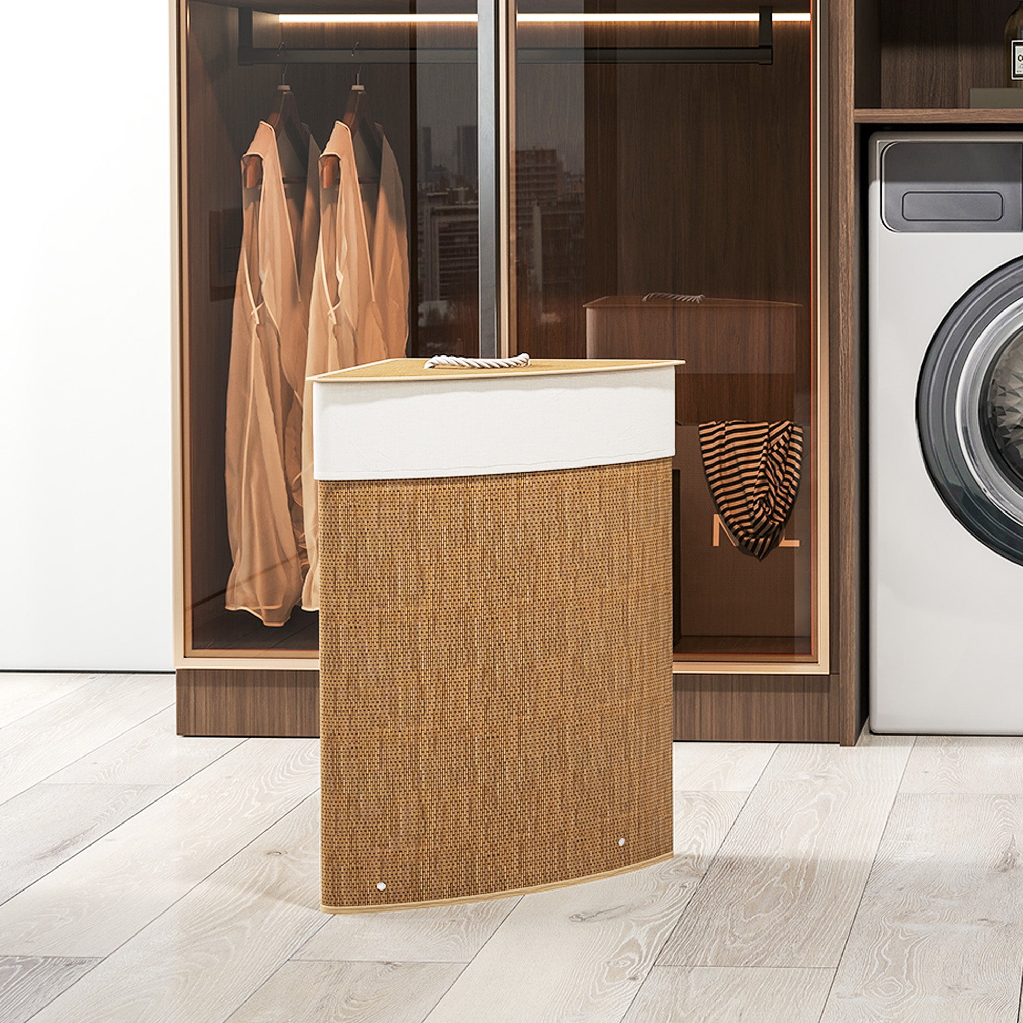 55L Corner Bamboo Laundry Hamper with Removable Bag and Removable Lid, 35x35x60 cm, Brown