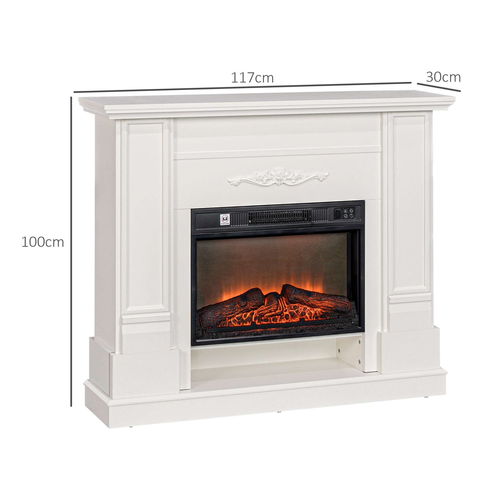 Electric Fireplace 1800W with 3-Intensity Flame and Remote Control, in Wood, Metal and Glass, 117x30x100 cm, White