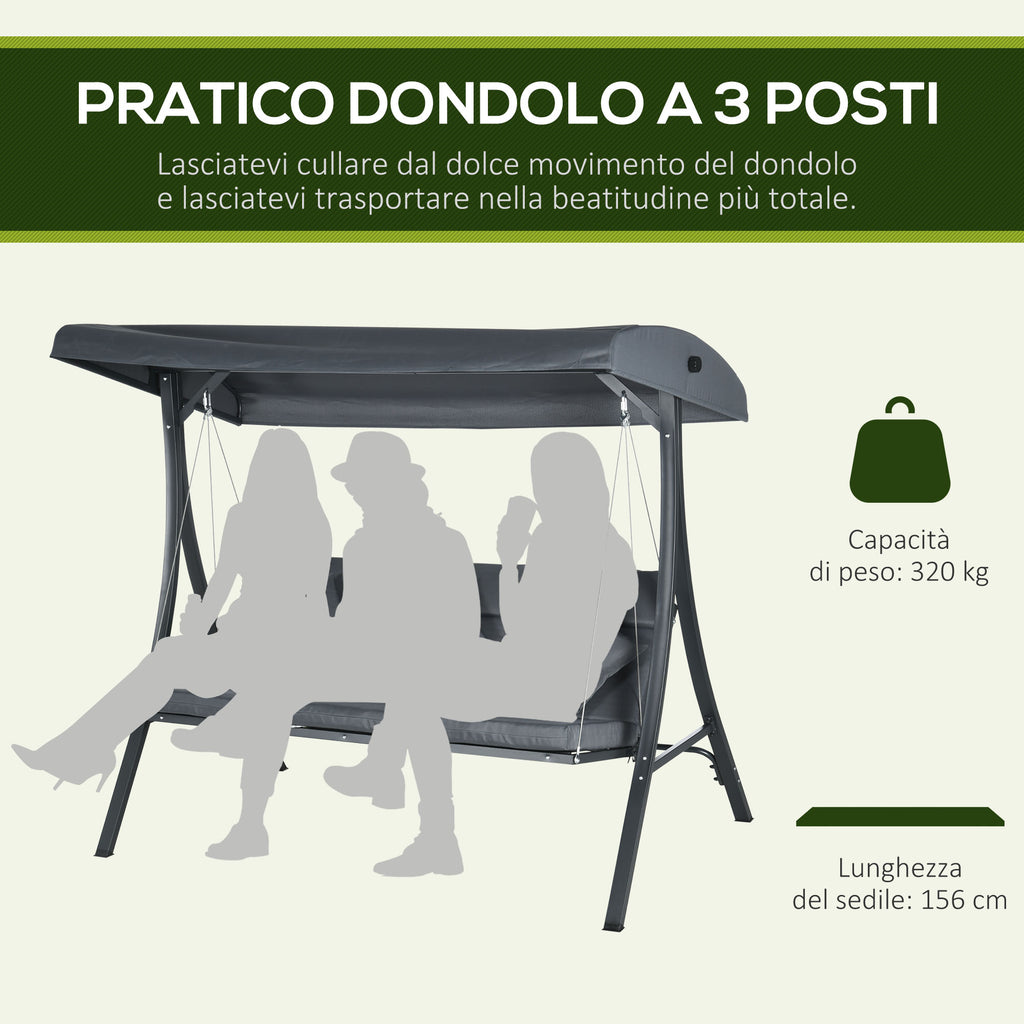 Outsunny 3-Seater Garden Swing with Adjustable Canopy, Steel and Polyester, 202x115x168 cm, Dark Grey