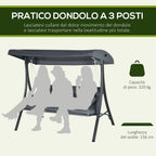 Outsunny 3-Seater Garden Swing with Adjustable Canopy, Steel and Polyester, 202x115x168 cm, Dark Grey