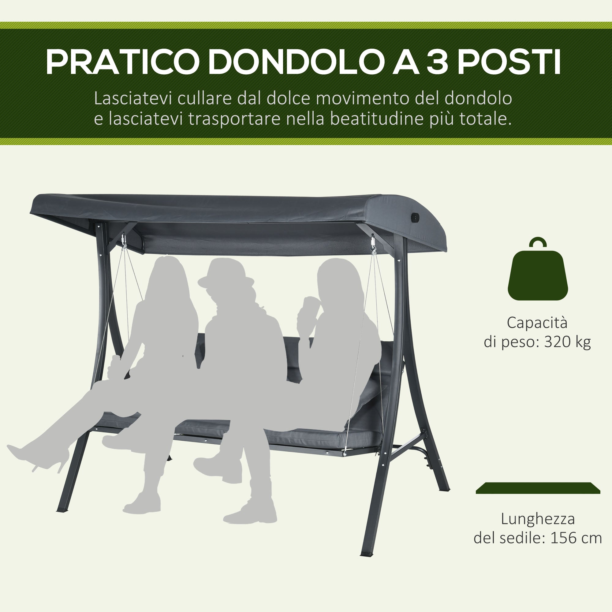 Outsunny 3-Seater Garden Swing with Adjustable Canopy, Steel and Polyester, 202x115x168 cm, Dark Grey