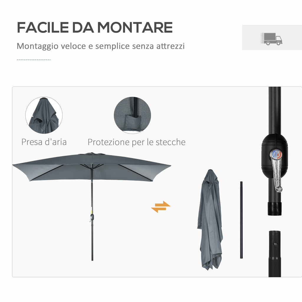 Rectangular Umbrella 2x3 m Foldable and Adjustable with Crank, in Aluminum and Polyester, Dark Gray