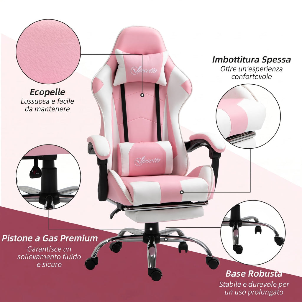 Vinsetto Ergonomic Reclining Gaming Chair with Headrest, Lumbar Cushion, Adjustable Height, Pink and White