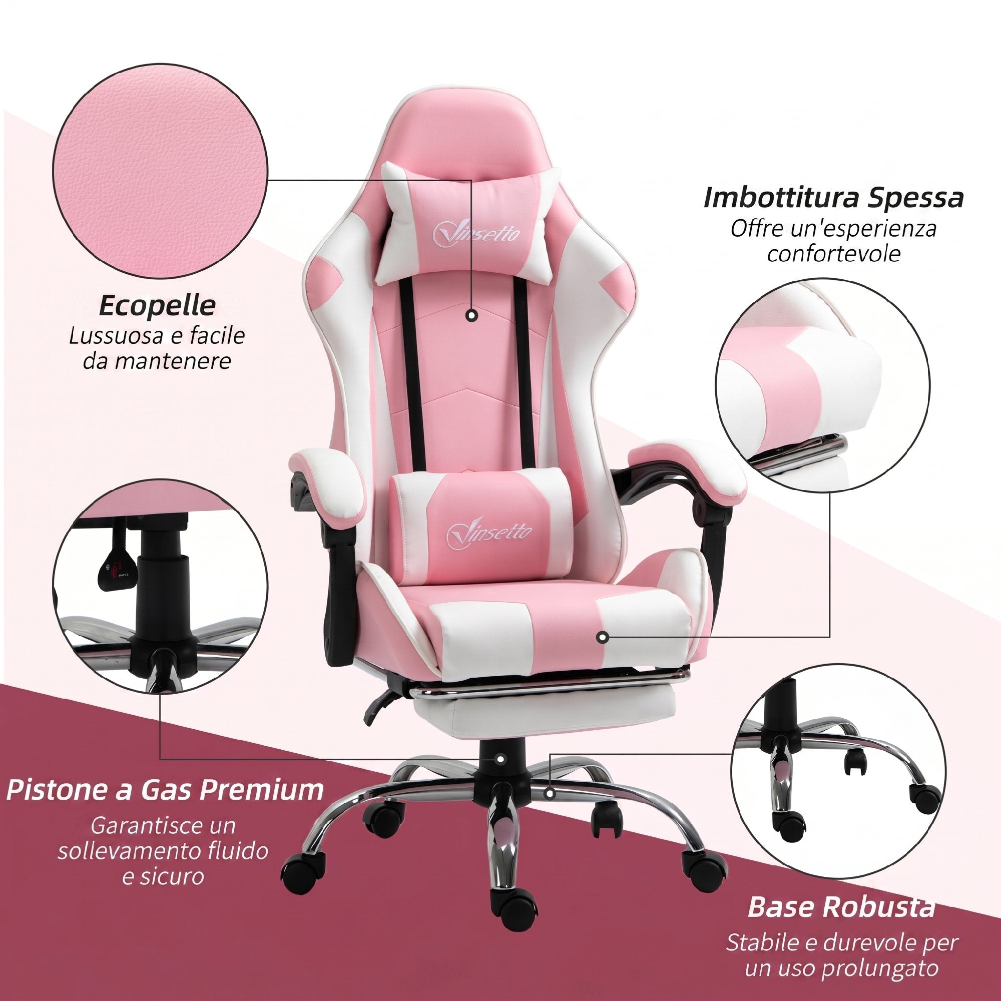 Vinsetto Ergonomic Reclining Gaming Chair with Headrest, Lumbar Cushion, Adjustable Height, Pink and White