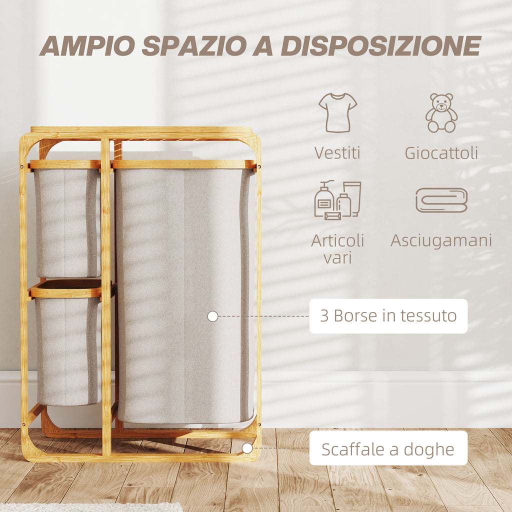 Bamboo Laundry Basket with 3 Bags and Removable Fabric Shelves, 50x32x69.7 cm, Bamboo and Cream