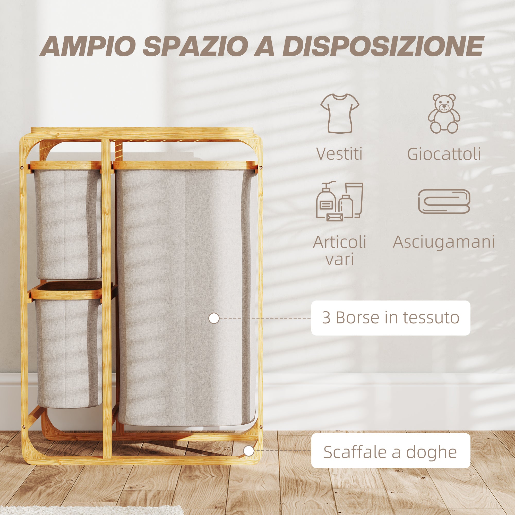 Bamboo Laundry Basket with 3 Bags and Removable Fabric Shelves, 50x32x69.7 cm, Bamboo and Cream