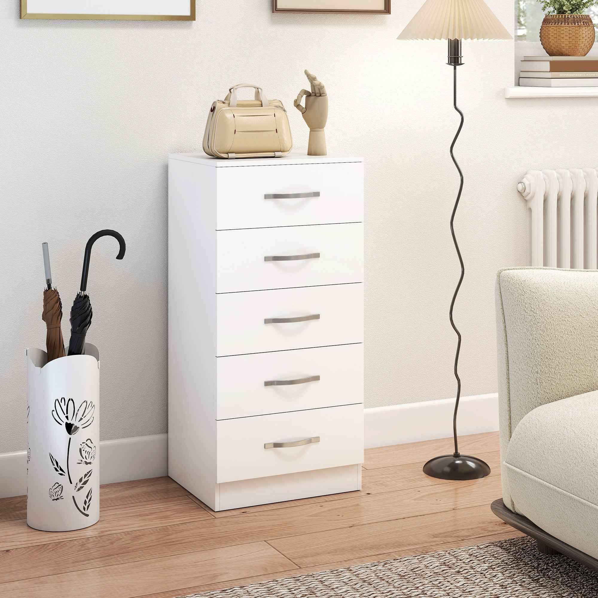 HOMCOM 5-Drawer Chest of Drawers, Modern Style, Chipboard, 40x35x85 cm, White