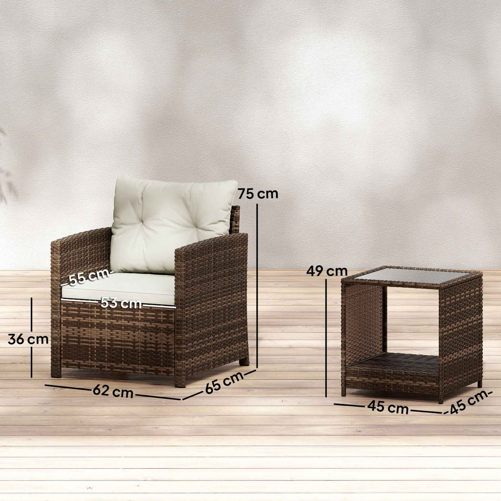 Outsunny 3-Piece PE Rattan and Steel Garden Set with 2 Armchairs with Cushions and Coffee Table, Brown and Cream