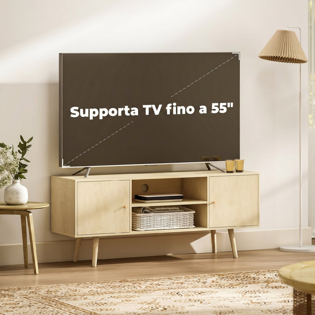HOMCOM 55" Max TV Stand with 2 Cabinets and 2 Open Shelves, in Wood and Chipboard, 120x34x50 cm, Wood Color