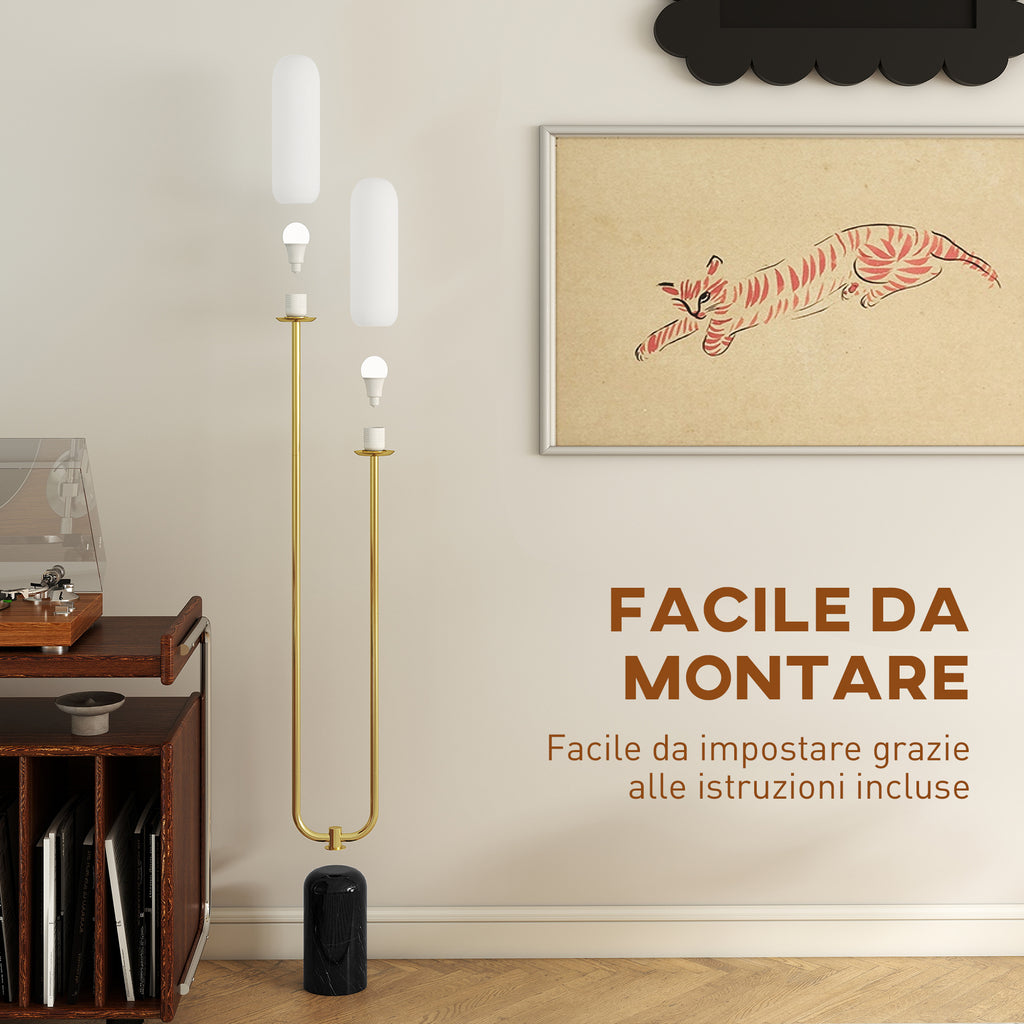 U-Shaped Floor Lamp with 2 Lights, Foot Switch and Marble Base, 26x12x150 cm, White, Black and Gold