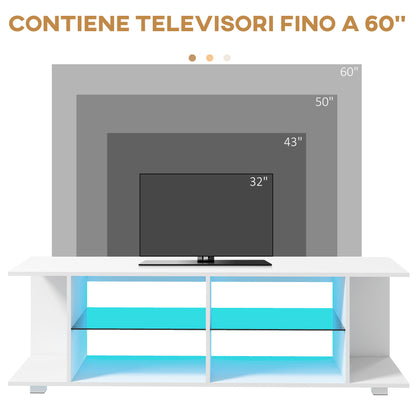 HOMCOM 60" TV Cabinet with 12 Color Lights and 2 Adjustable Shelves, in Chipboard and Glass, 144.8x40x45 cm, White