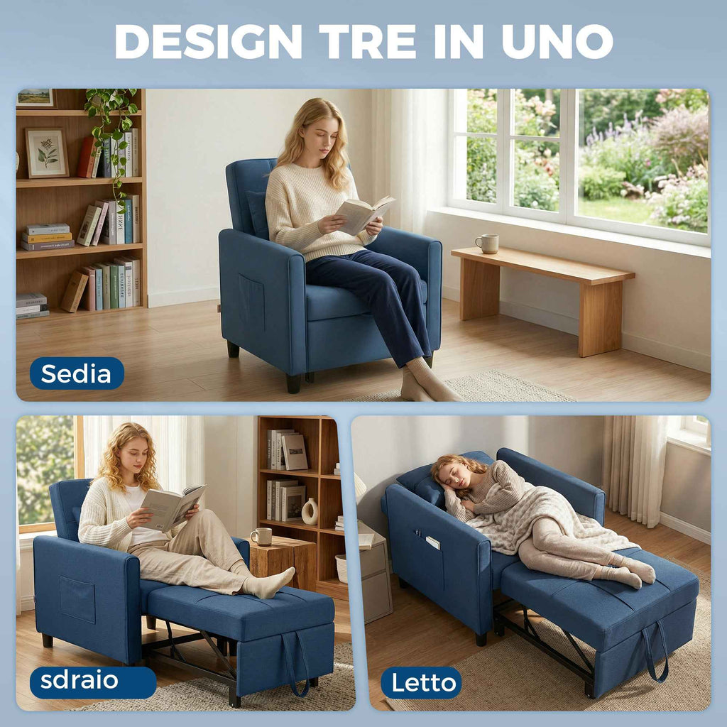 Folding Chair Bed with Adjustable Backrest and Cushion, Blue