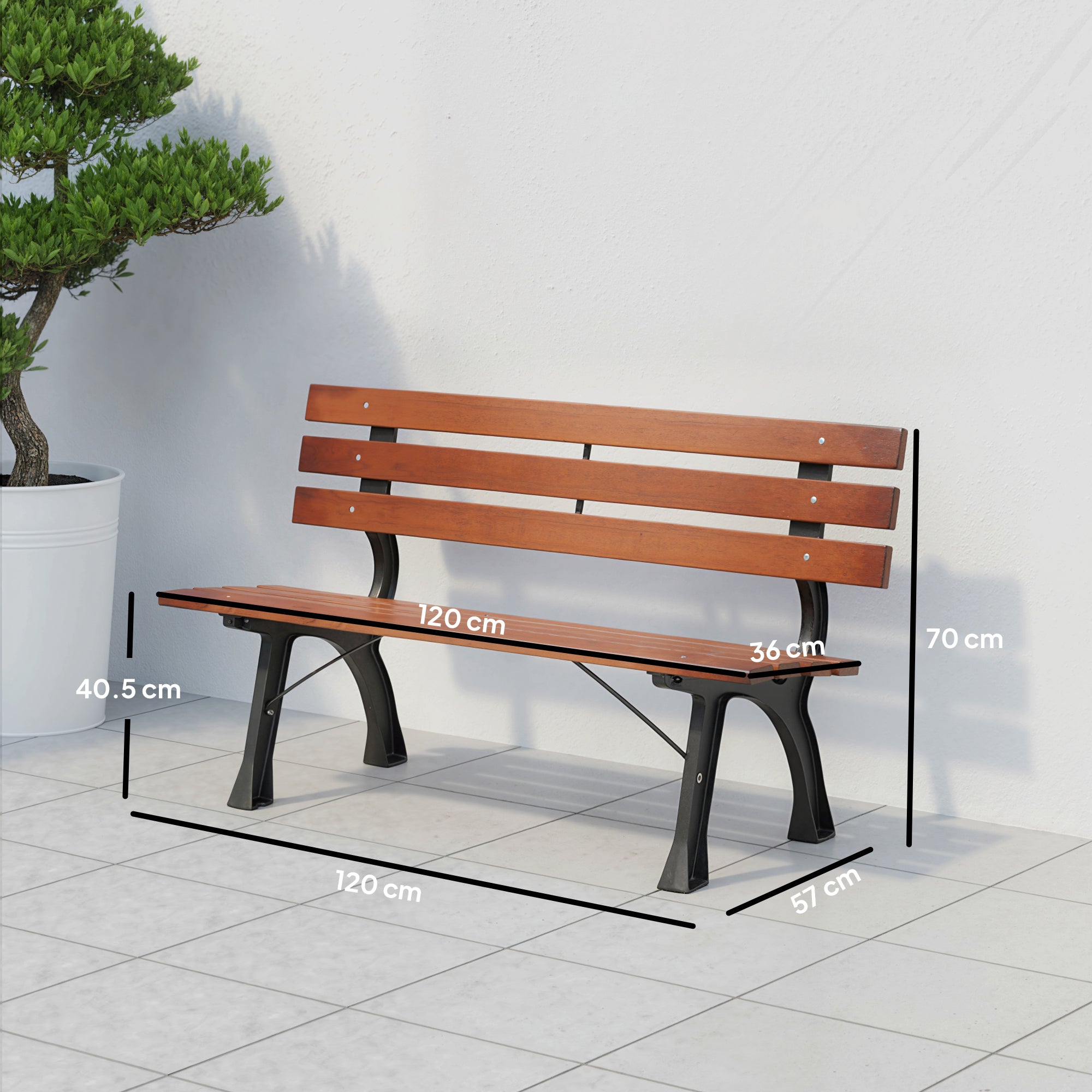 Outsunny 2-Seater Garden Bench with Cast Iron and Fir Wood Slats, 120x57x70 cm, Coffee
