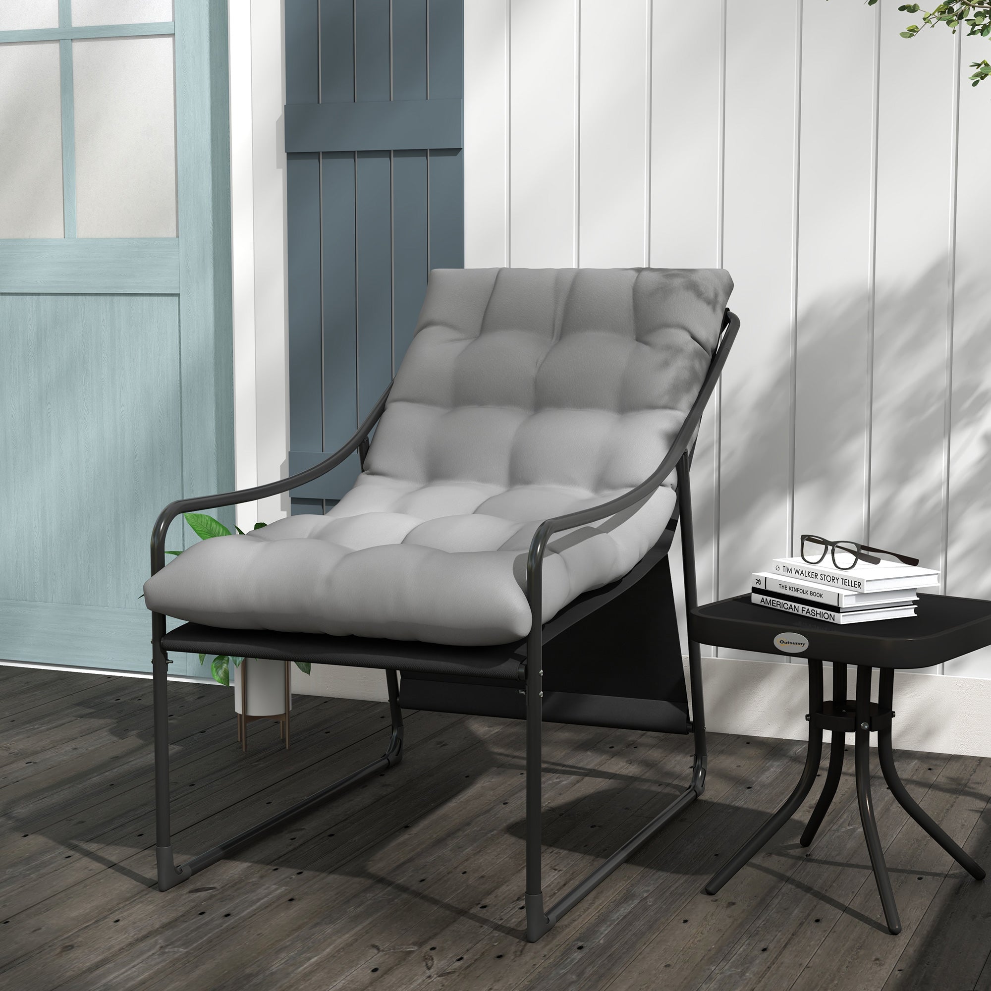 Garden Armchair with Padded Cushion, in Steel and Polyester, 62x110x88 cm, Gray and Black - Borgè