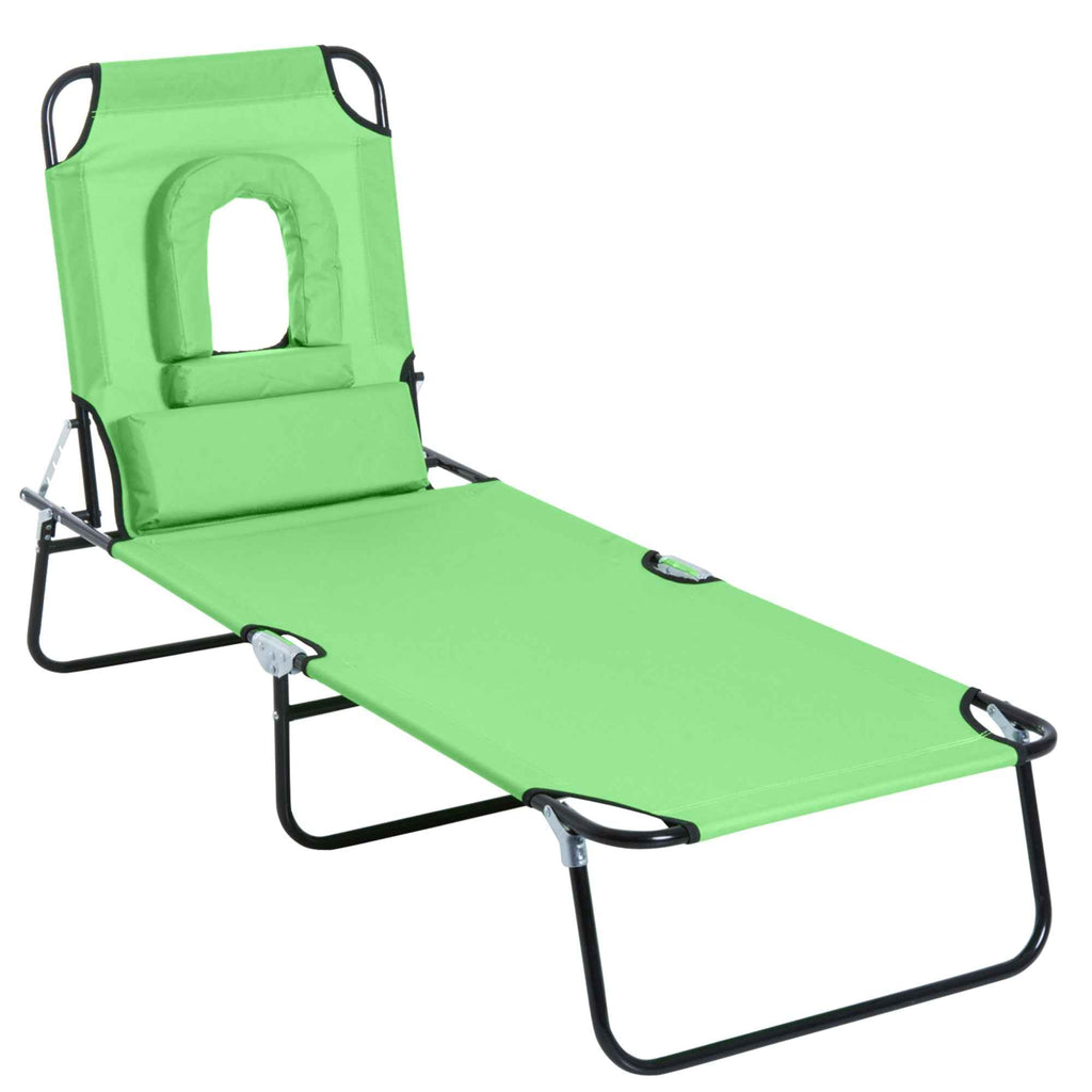 Outsunny Folding Deck Chair with Reading Hole and Cushion, 4-Level Reclining, Oxford Fabric and Steel Frame, Green