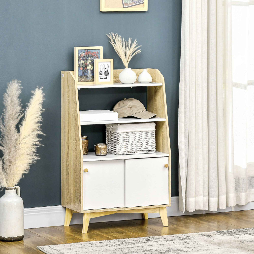 HOMCOM Living Room Cabinet with 2-Tier Open Shelf and 2-Door Cabinet, Chipboard and Pine Wood, 58x30x93 cm