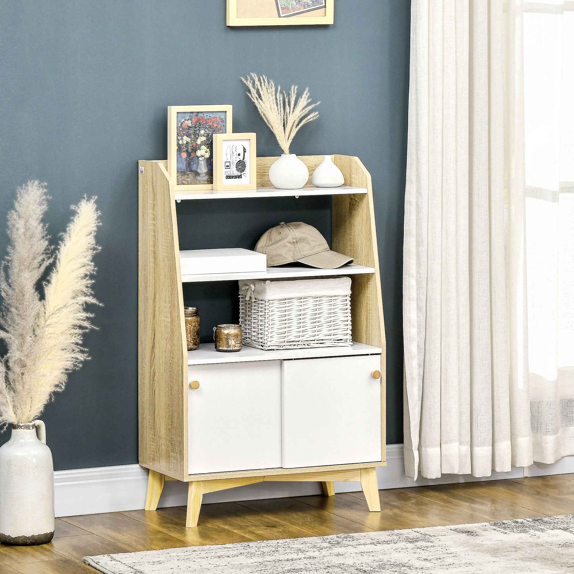 HOMCOM Living Room Cabinet with 2-Tier Open Shelf and 2-Door Cabinet, Chipboard and Pine Wood, 58x30x93 cm