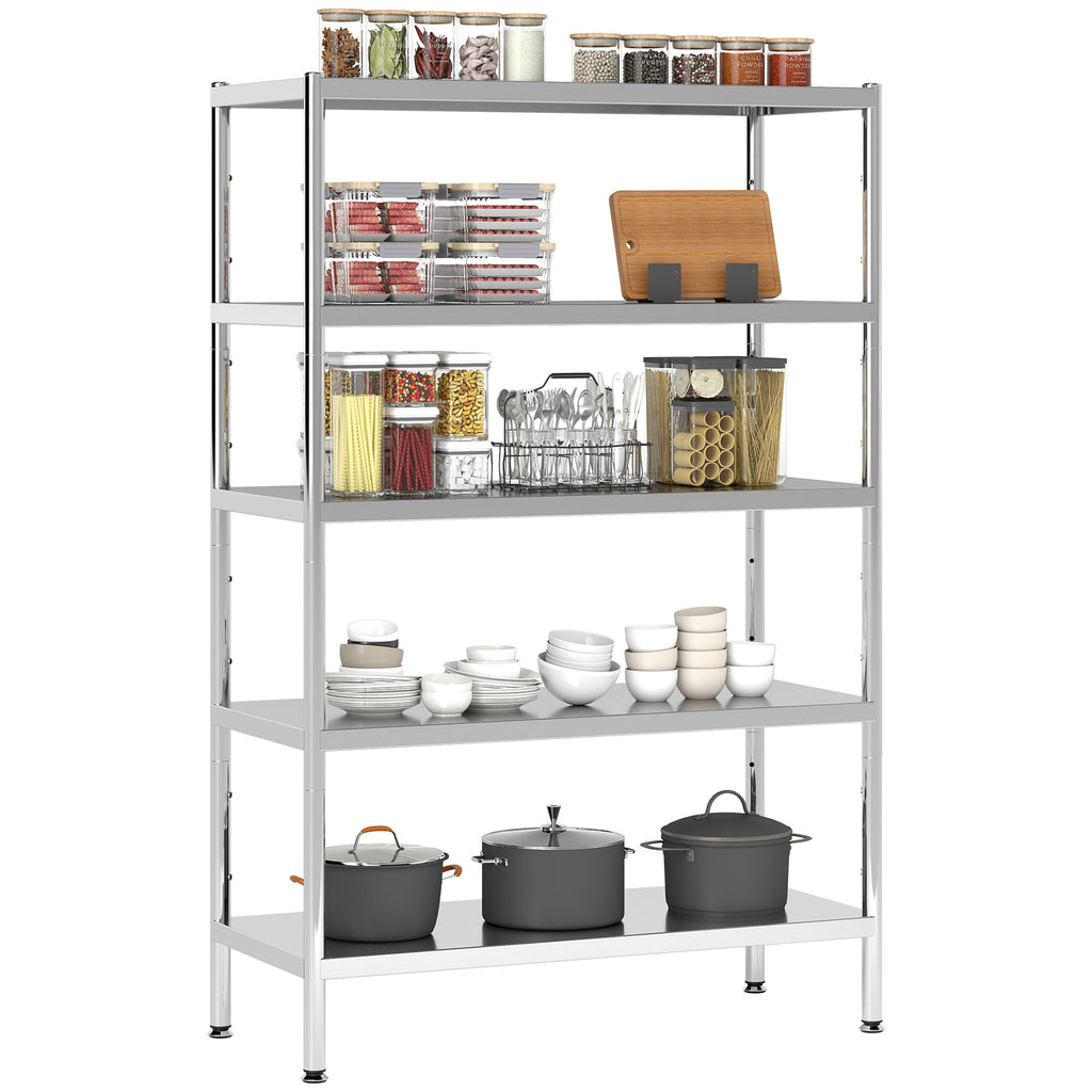 5-Tier Kitchen Shelf with 13 Adjustable Heights, Stainless Steel, 91 x 40 x 139 cm, Silver