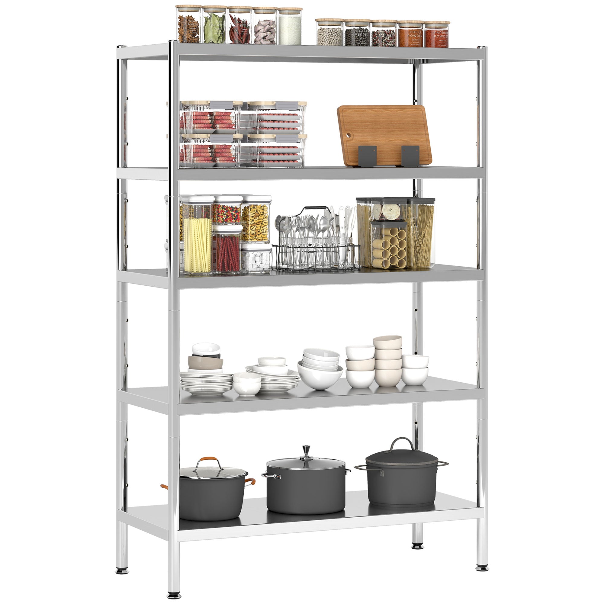 5-Tier Kitchen Shelf with 13 Adjustable Heights, Stainless Steel, 91 x 40 x 139 cm, Silver
