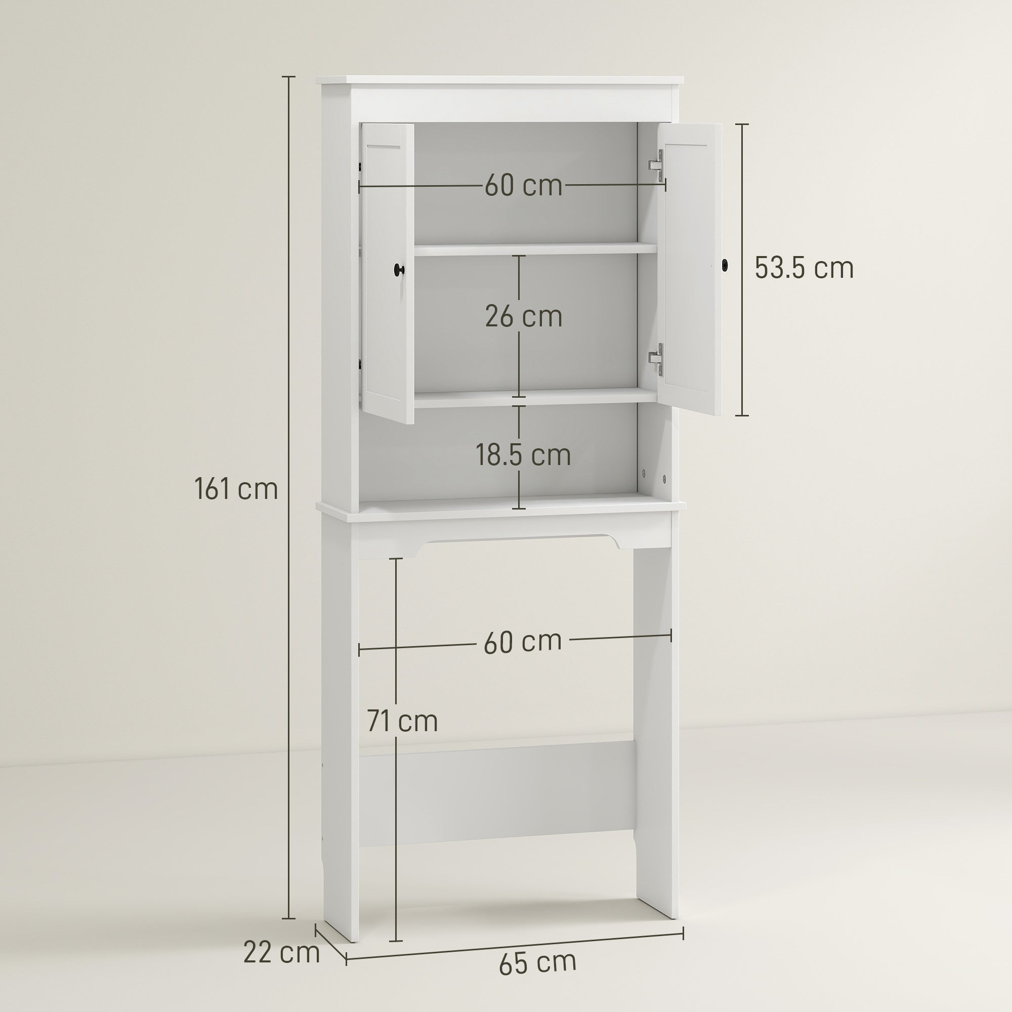 Over-the-Toilet Cabinet with 3 Closed Shelves and Open Shelf, Wooden, 65x22x161 cm, White