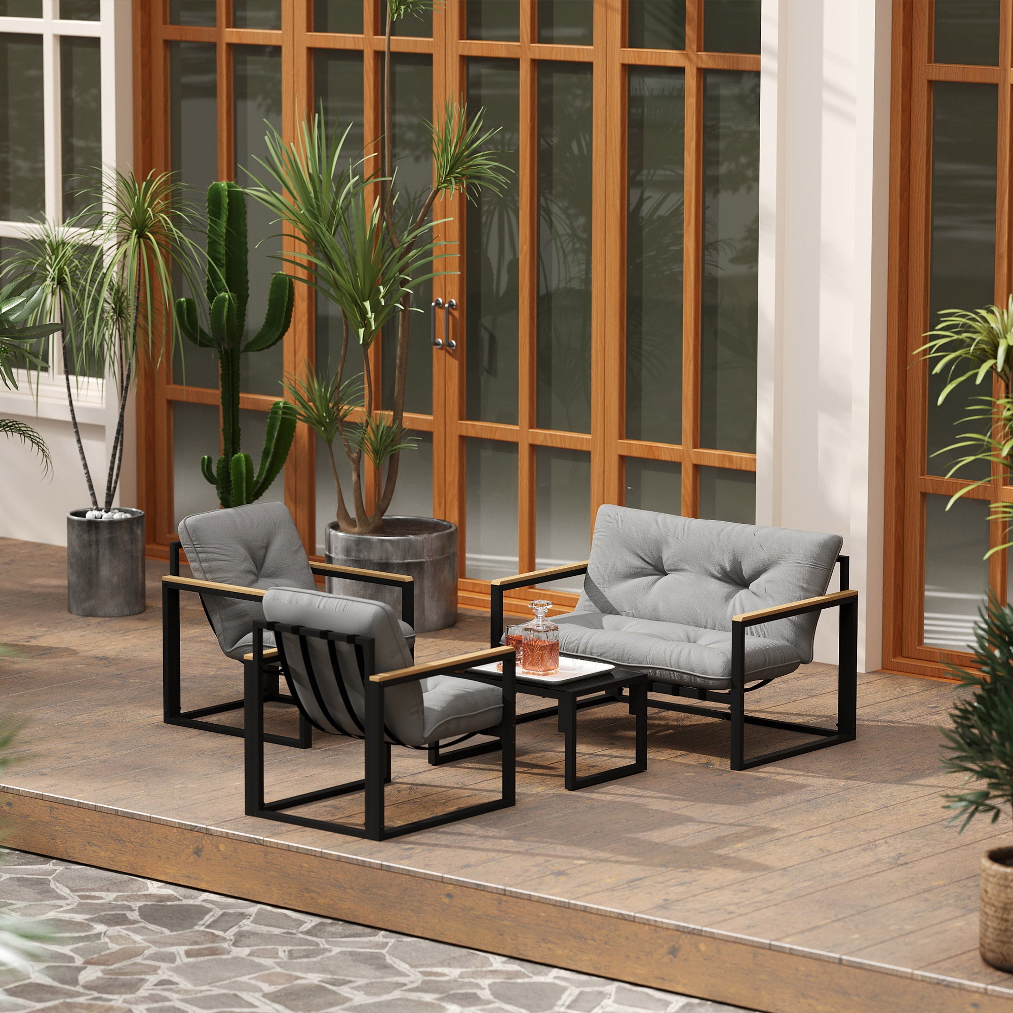 4 Piece Garden Set with 2 Chairs, 2 Seater Sofa and Coffee Table, Steel and Polyester, Light Grey and Black