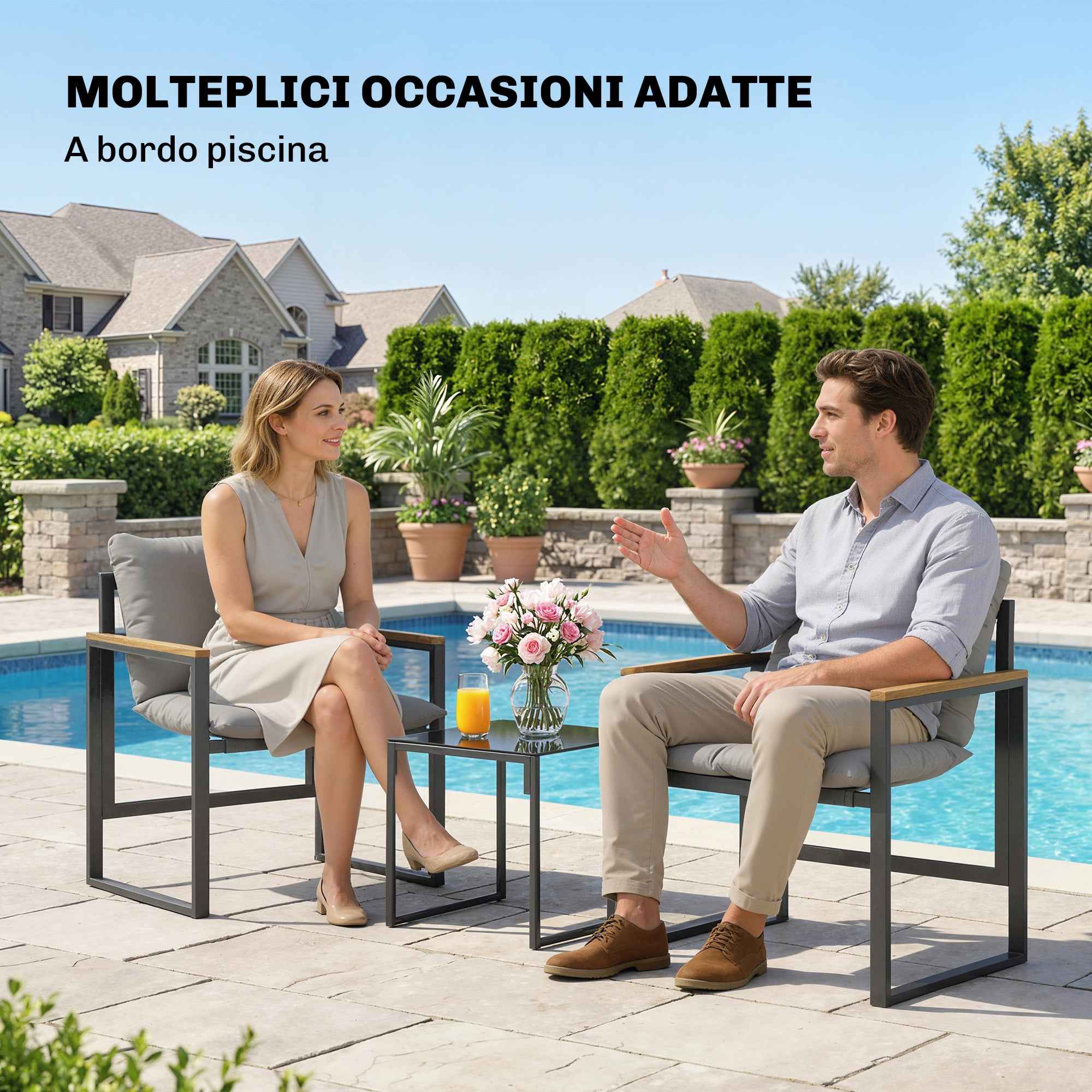 Outsunny 3-Person Metal Outdoor Table and Chair Set with Thick Cushions, Multicolor