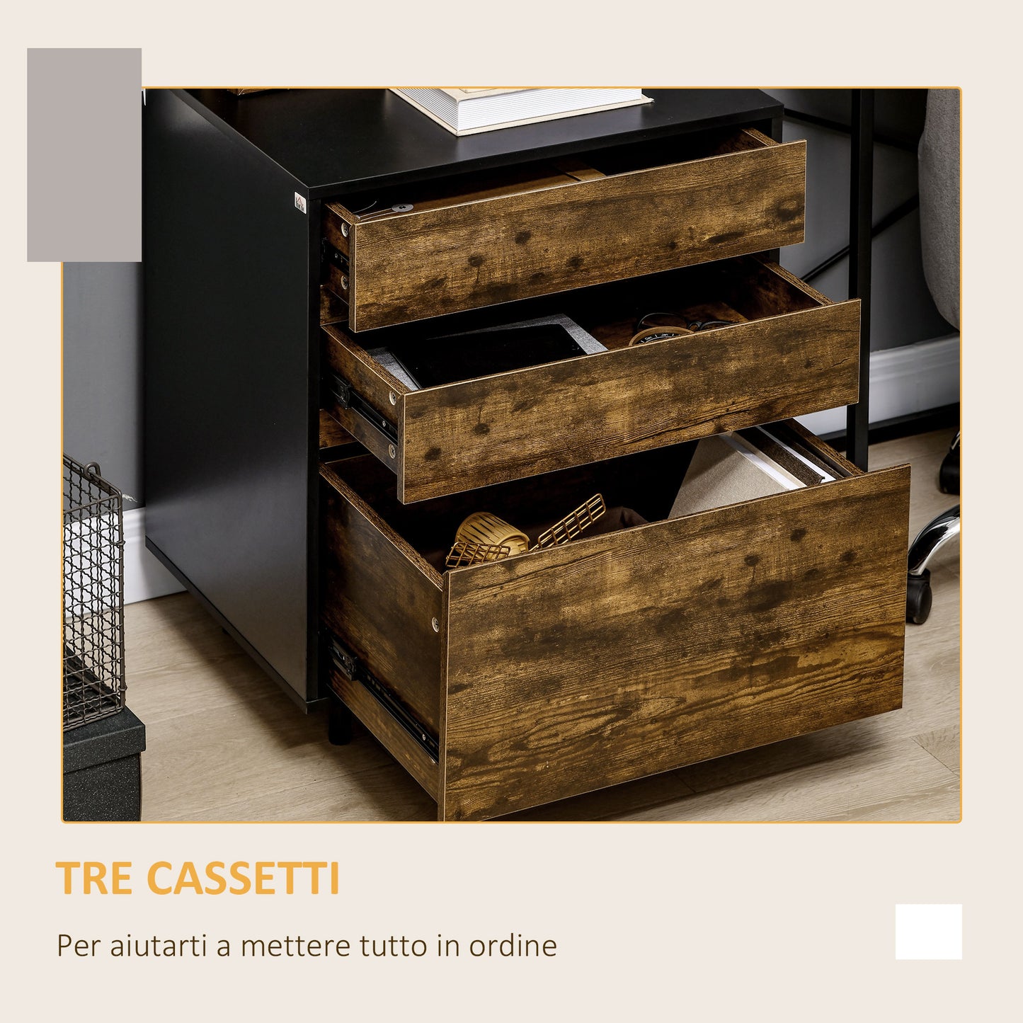 Chest of Drawers with 3 Drawers in Chipboard in Rustic Style, 60x45x75cm, Brown and Black