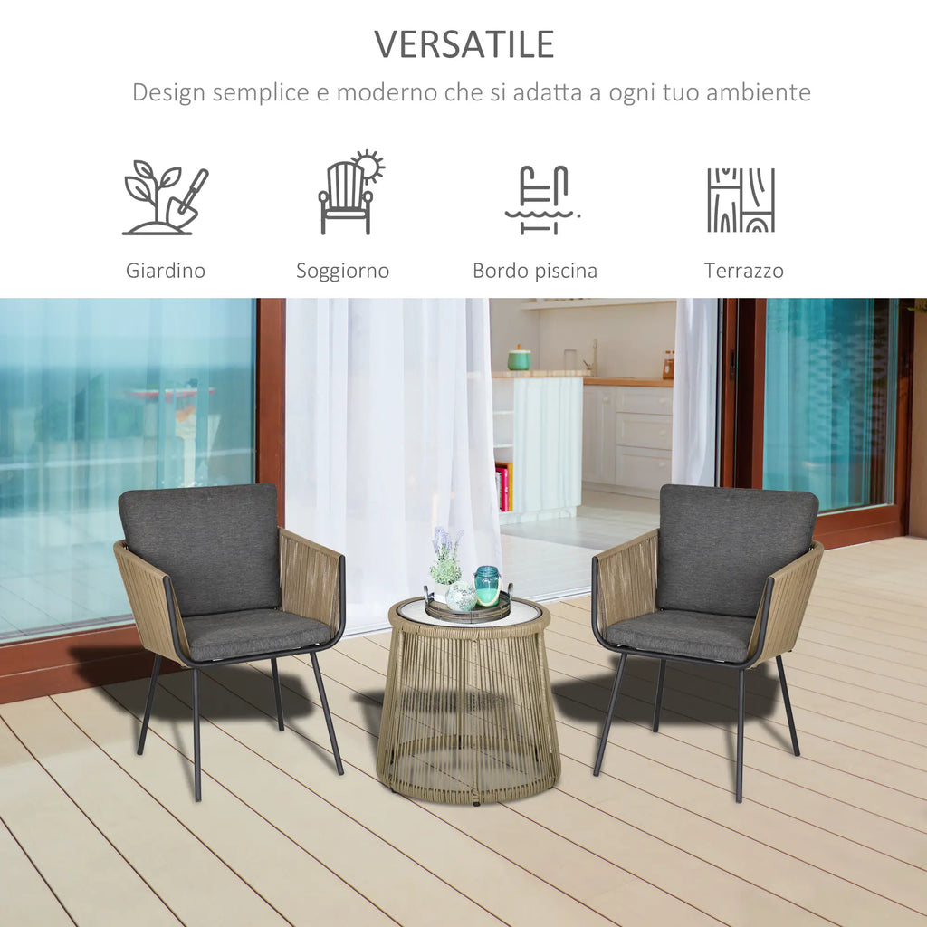 Set of 2 Outdoor Chairs with Table in PE Rattan Boho Style, Khaki and Grey - Borge' Group Limited