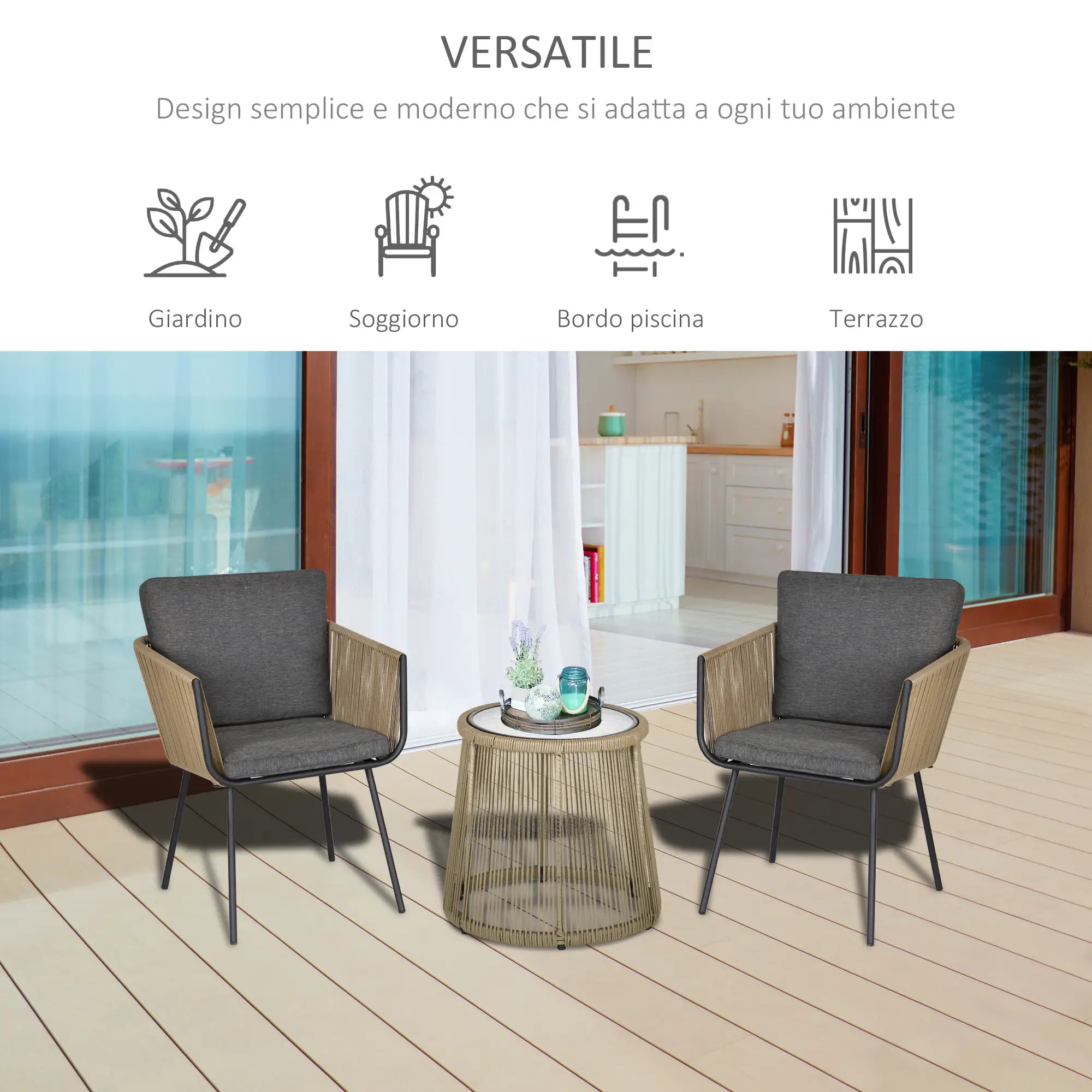 Set of 2 Outdoor Chairs with Table in PE Rattan Boho Style, Khaki and Grey - Borge' Group Limited