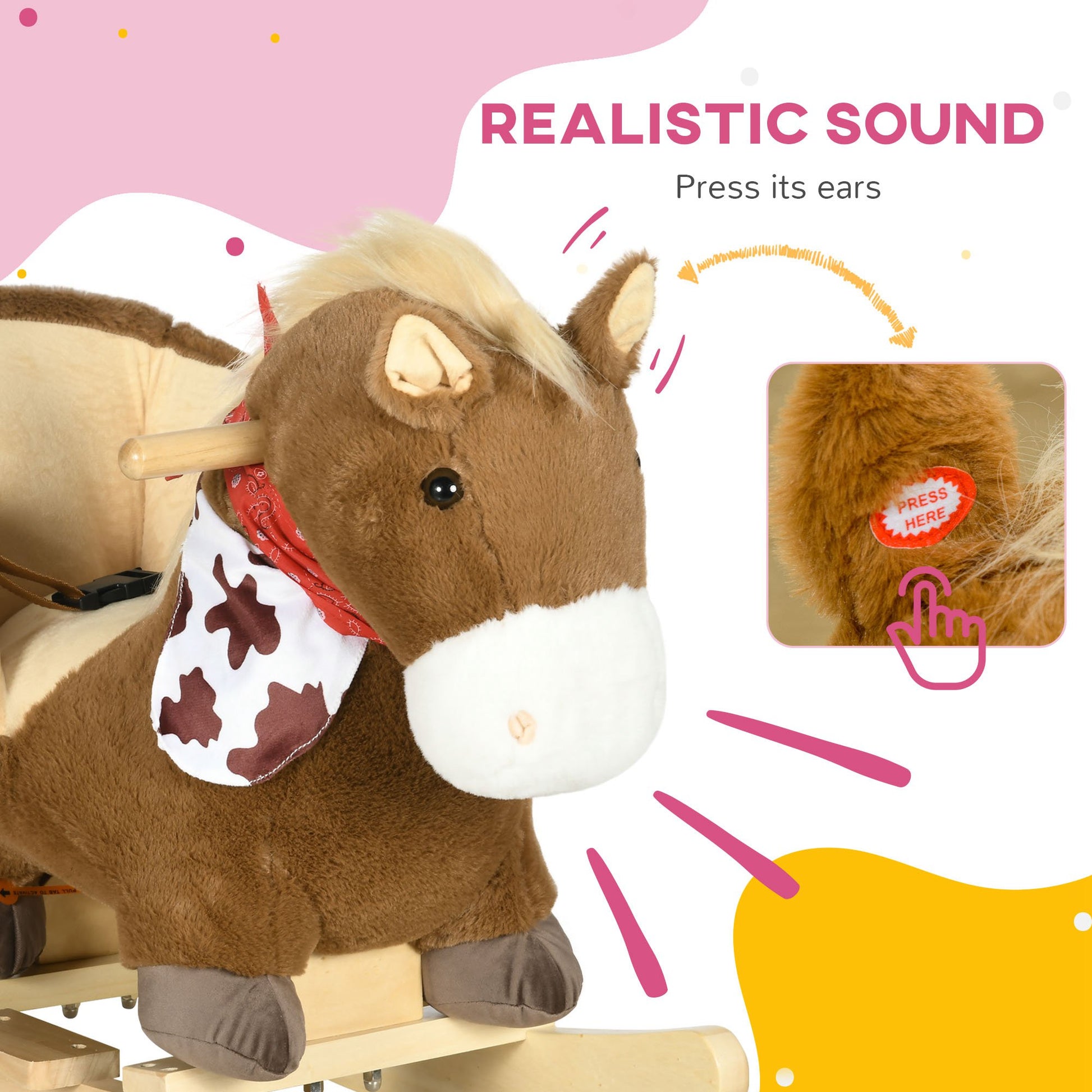 Rocking Horse for Children 18-36 Months with Realistic Sounds, 60x33x50 cm, Brown and Beige Colour - Borgè