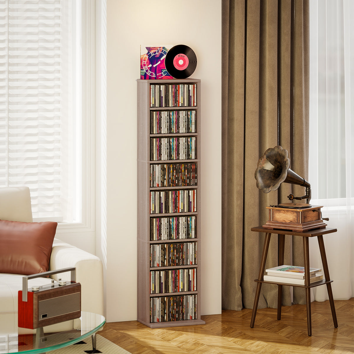 HOMCOM CD Storage Rack with 6 Adjustable Shelves, 260 CDs/120 DVDs Capacity, 33x24x140 cm, Wood Color