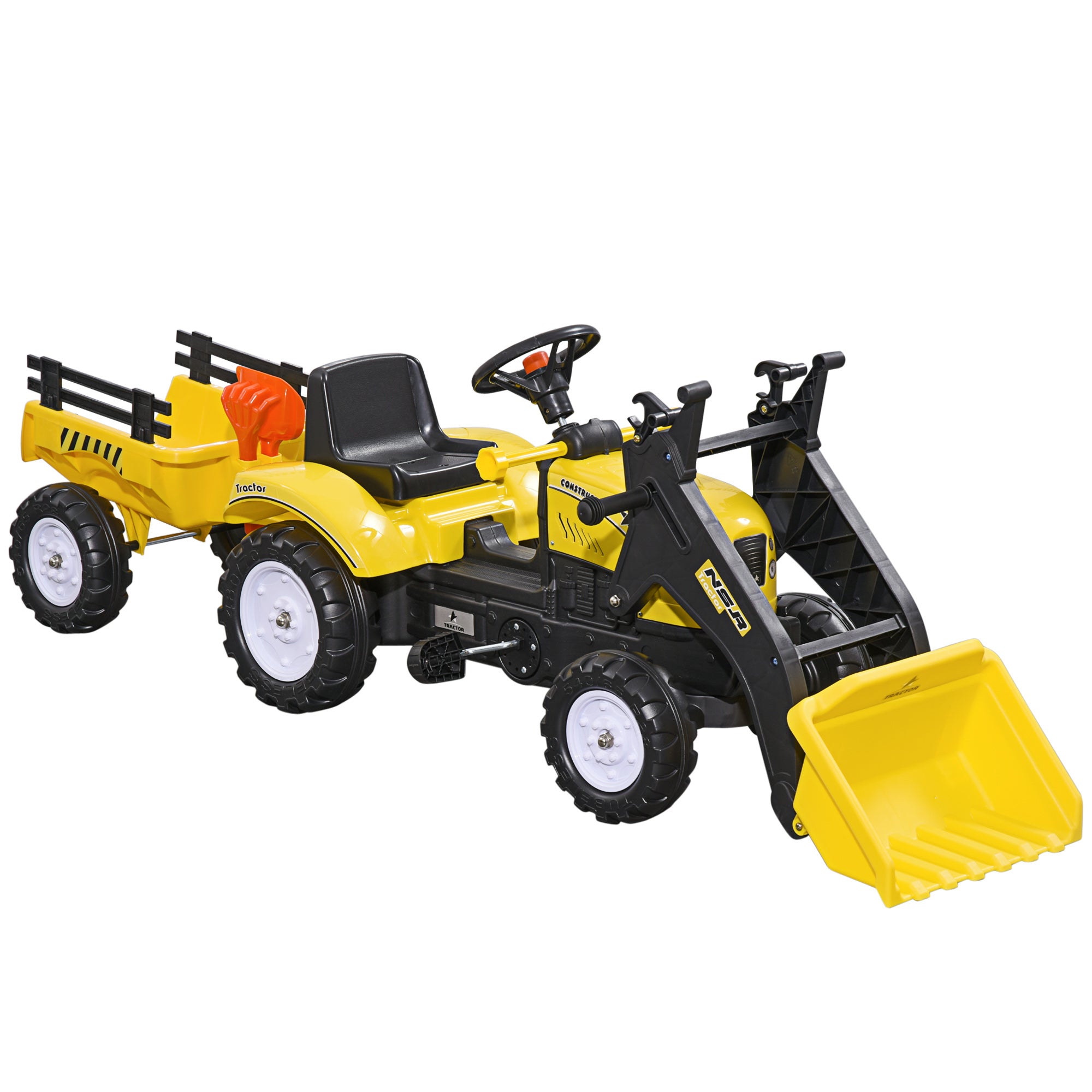 Pedal Excavator for Kids from 3 Years with Front Loader, Trailer and 6 Wheels, Yellow