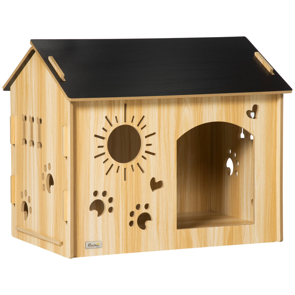 Indoor Dog House with Wooden Frame and Paw, Heart, and Bone-Shaped Openings, Oak