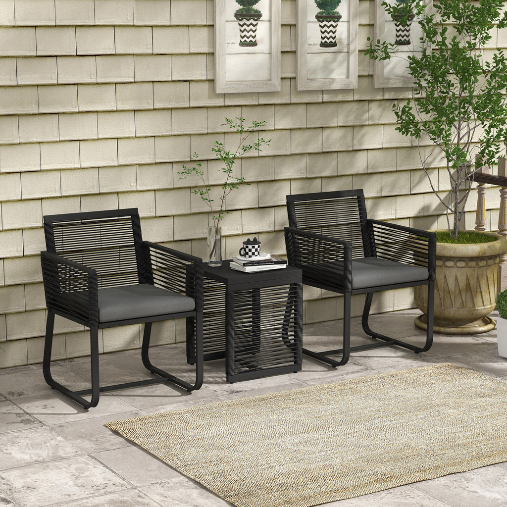 Rattan Garden Set with 2 Armchairs with Cushions and Glass Coffee Table, Black - Borgè