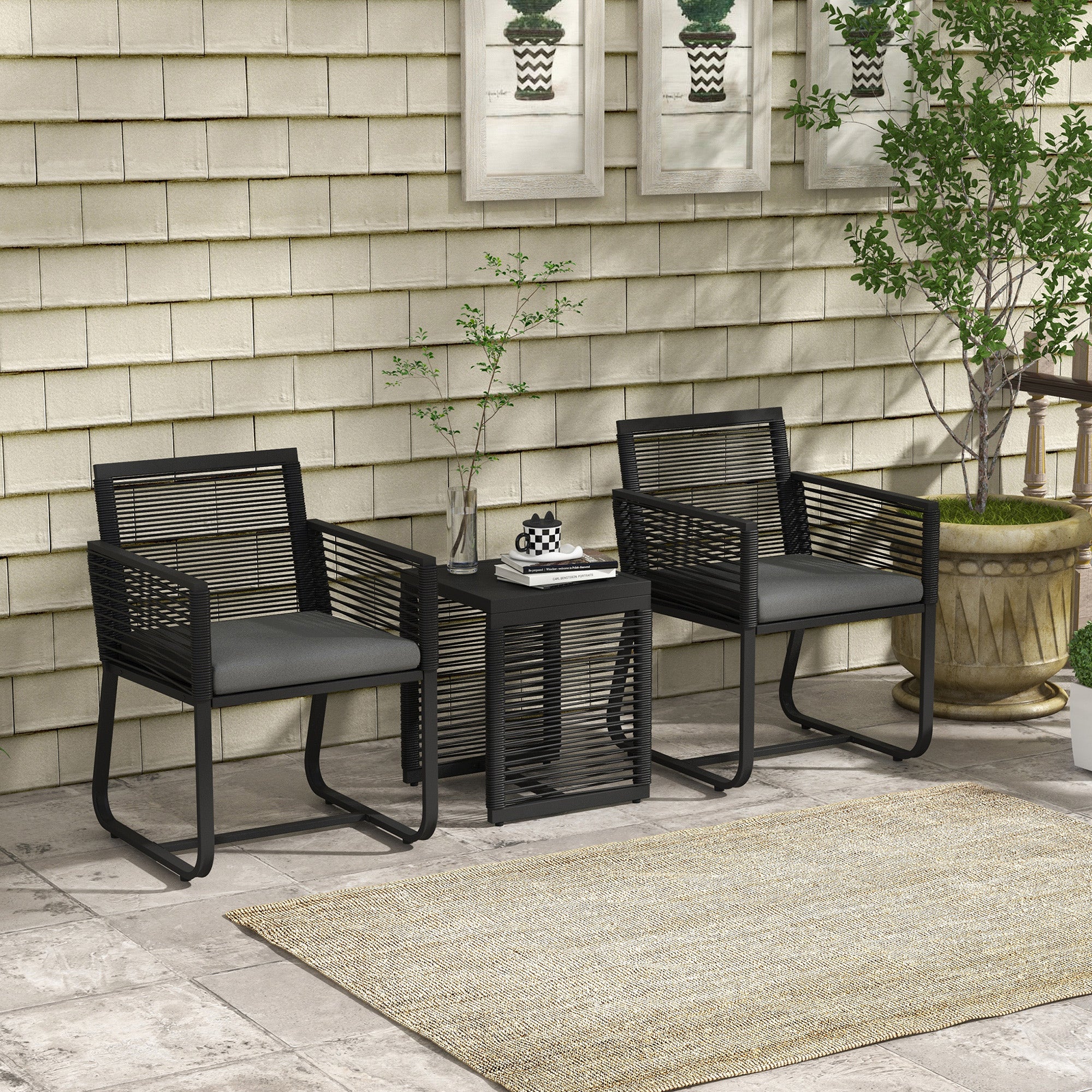 Rattan Garden Set with 2 Armchairs with Cushions and Glass Coffee Table, Black - Borgè