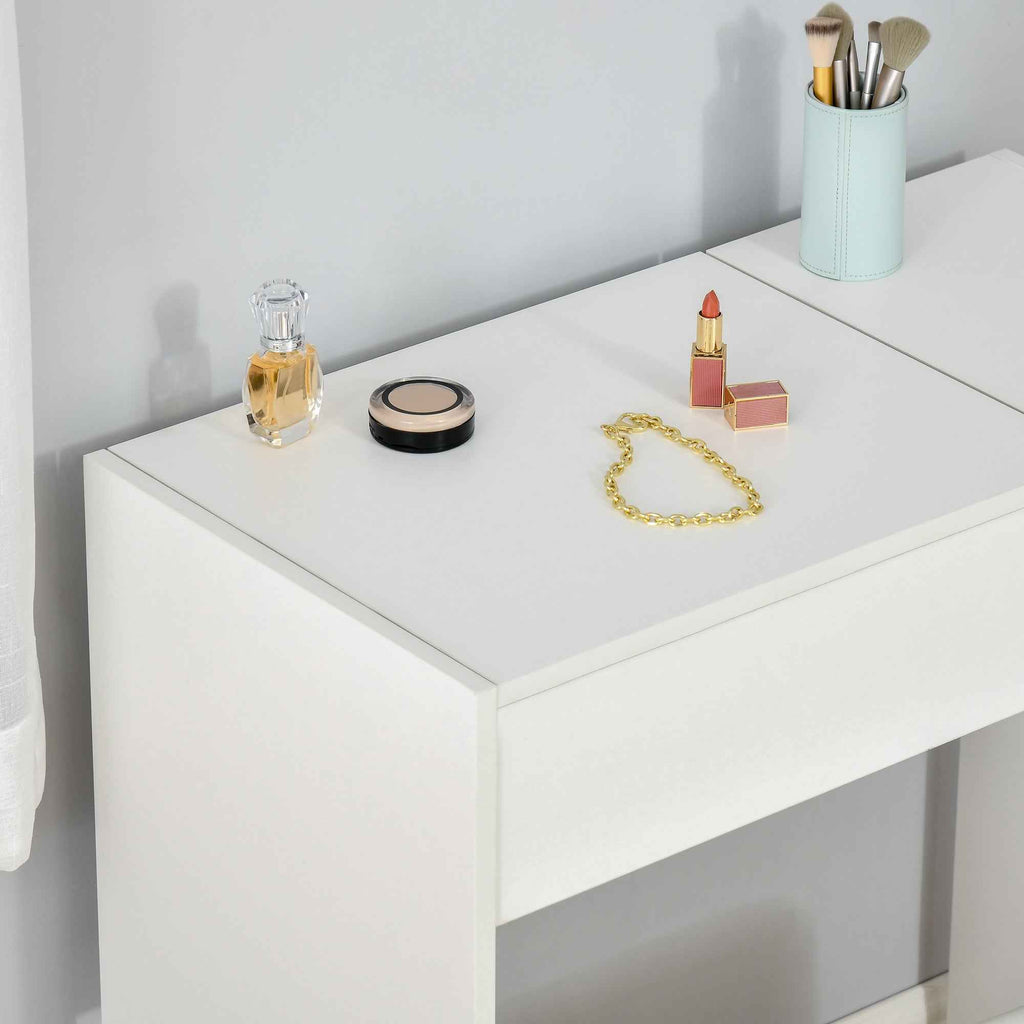 HOMCOM Vanity Table with Folding Mirror, Modern Makeup Table with Stool, 4-Compartment Storage Compartment, White MDF, 80x40x79 cm