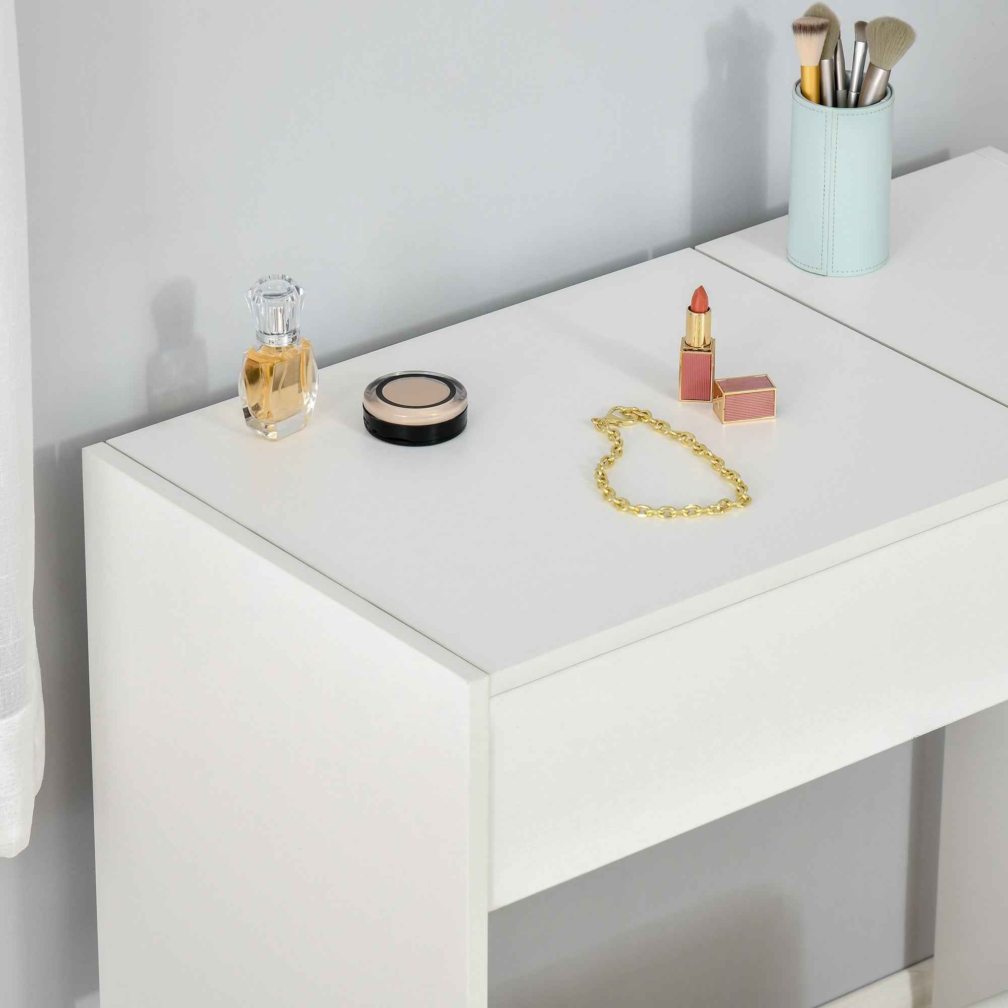 HOMCOM Vanity Table with Folding Mirror, Modern Makeup Table with Stool, 4-Compartment Storage Compartment, White MDF, 80x40x79 cm