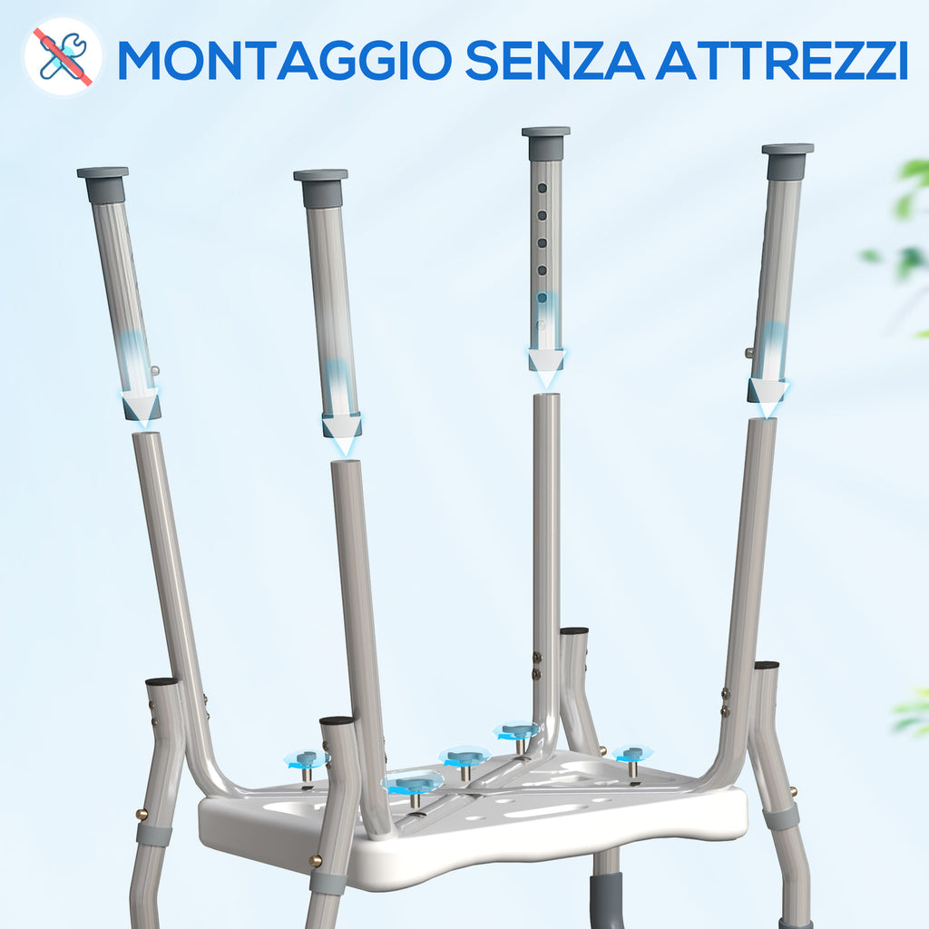 Adjustable Shower Stool with Armrests and Drainage Holes, Made of Aluminum, HDPE and EVA, 52x45x57-69 cm