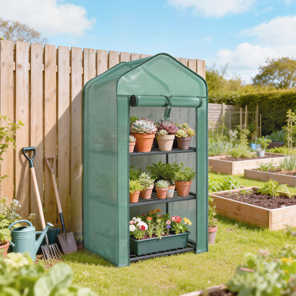 Outsunny Mini Garden Greenhouse with PE Cover, 3 Shelves and Roll-Up Door, 59x39x127cm, Green