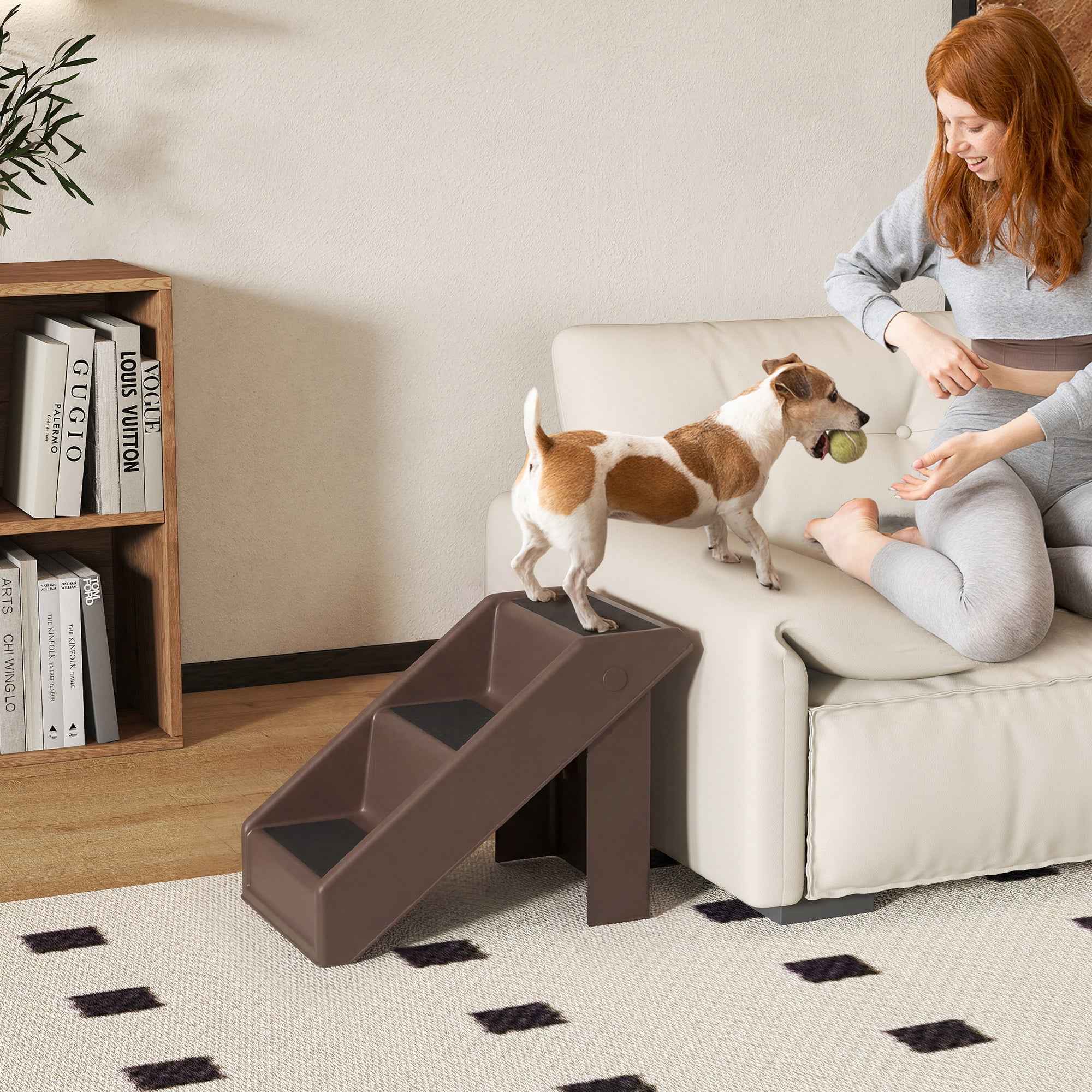 PawHut 3-Step Non-Slip Dog and Cat Ladder for High Beds and Sofas, 53x30.5x36.5 cm, Brown