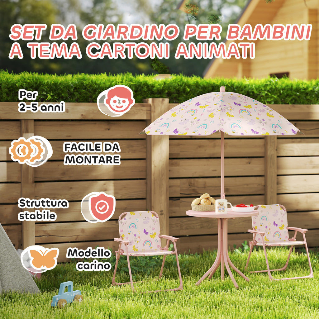 Garden Set for Children 2-5 Years with Round Table, 2 Folding Chairs and a Umbrella, Pink