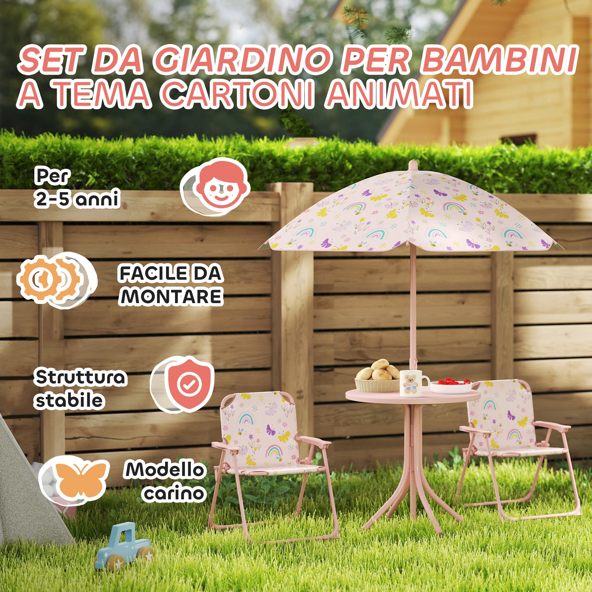 Garden Set for Children 2-5 Years with Round Table, 2 Folding Chairs and a Umbrella, Pink