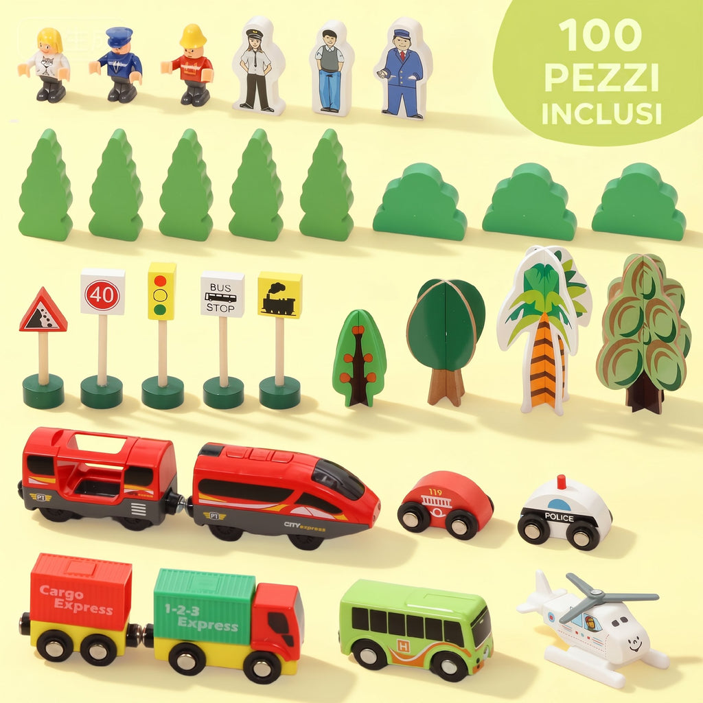 AIYAPLAY Wooden Railway Set, 100 Pieces for Kids Ages 3+ with Magnetic Crane, Trains, Bridge, Helicopter