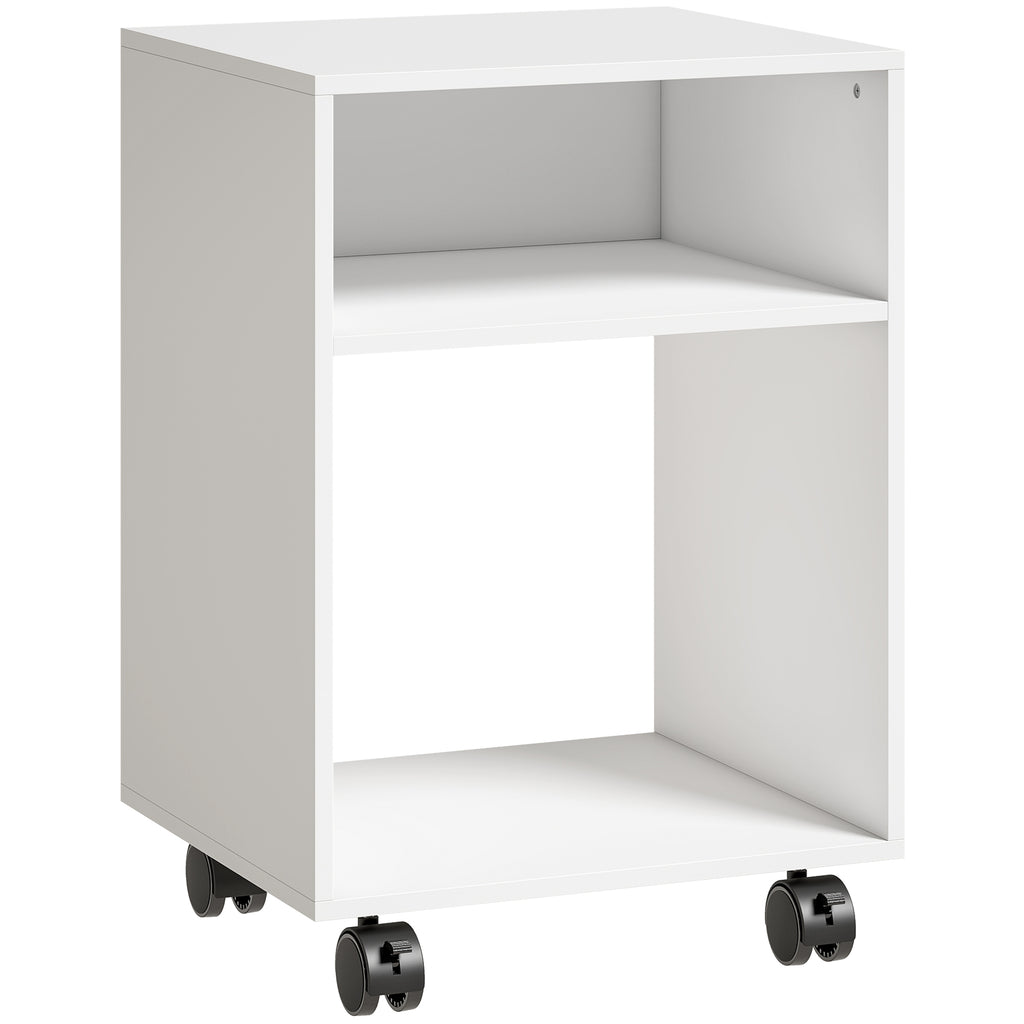 HOMCOM Wooden Printer Stand with Braked Wheels and 2 Open Compartments, 40x35x55 cm, for Office Study, White
