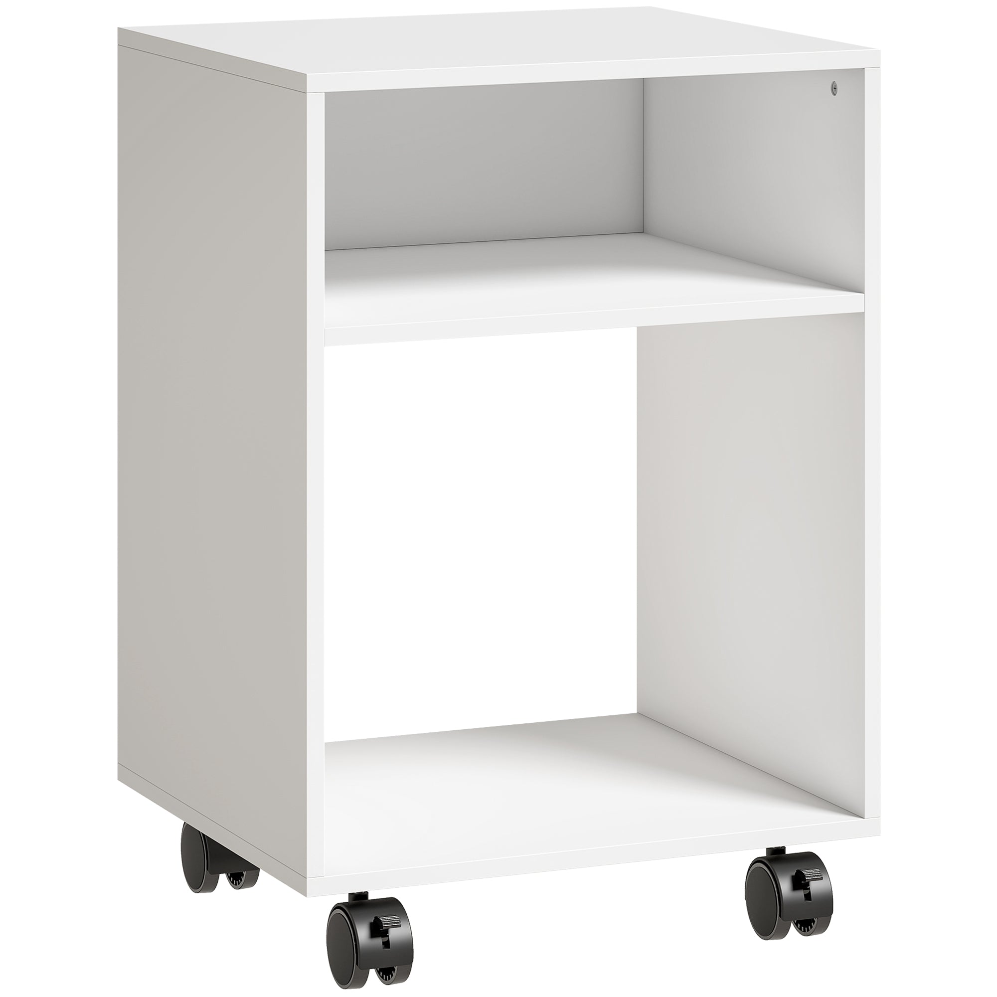 HOMCOM Wooden Printer Stand with Braked Wheels and 2 Open Compartments, 40x35x55 cm, for Office Study, White