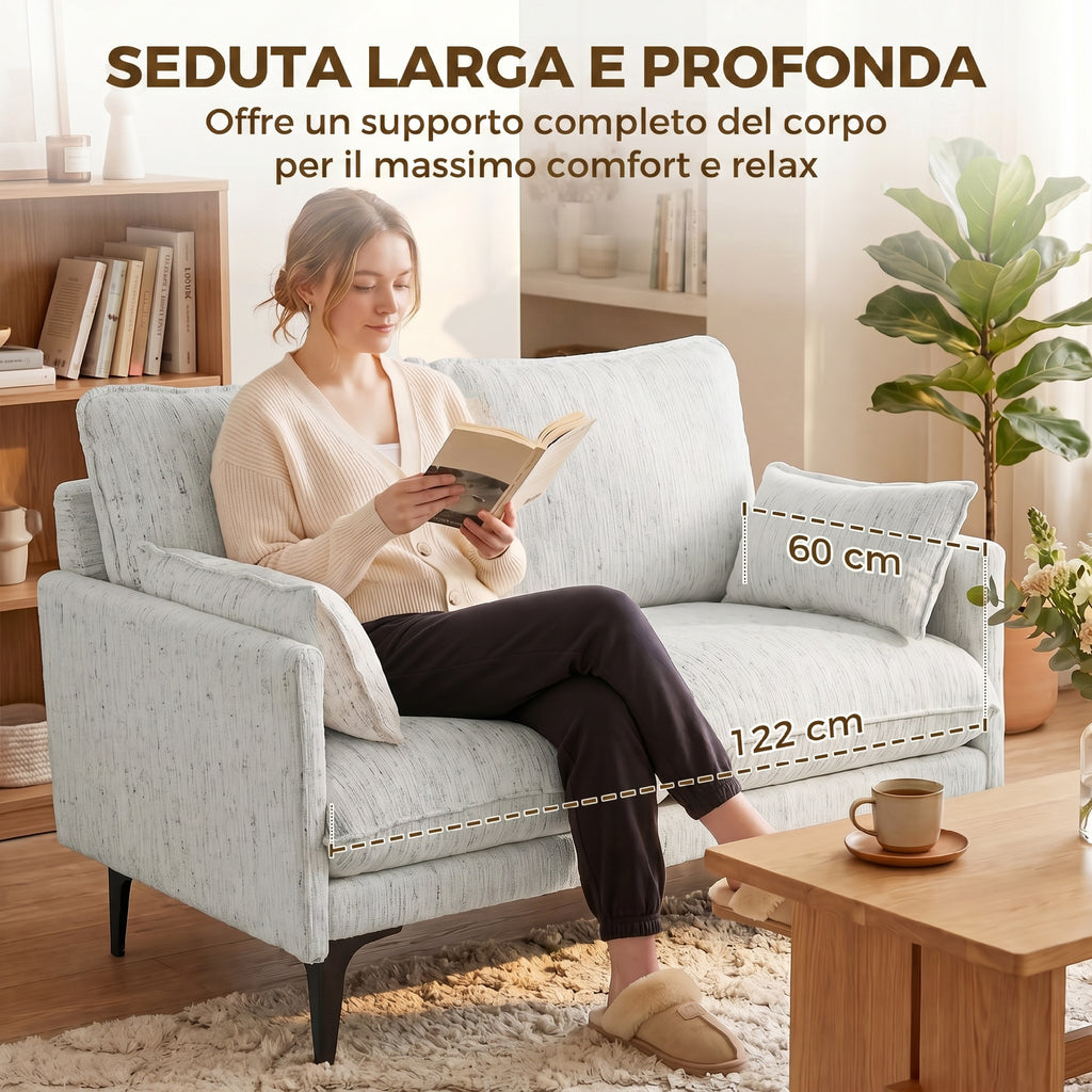 HOMCOM 2-Seater Fabric Sofa with Armrests, Thick Padding and 2 Cushions, 131x78x83 cm, White